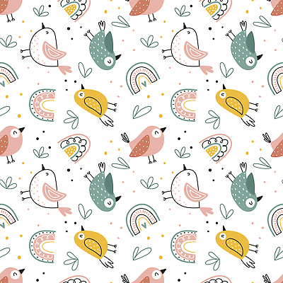 EPS 해외이미지 백그라운드 무지개 잎 패턴 일러스트 사람없음 귀여움 새캐릭터 해외202309 해외일러스트 자연요소 식물 동물캐릭터 컨셉 무늬 조류 파일형식 벡터