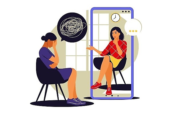 EPS 해외이미지 전신 여자 시계 말풍선 의자 일러스트 스트레스 앉기 손짓 성인 두명 스마트폰 다리꼬기 좌절 얼굴가리기 우울감 우울증 화상통화 성인여자만 심리치료 심리상담 언택트 해외202309 해외일러스트 감정 가구 컨셉 모션 사람 치료 핸드폰 스마트기기 가림 질병 상담 통화 심리 여자만 성인만 파일형식 벡터