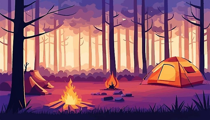 EPS 해외이미지 나무 여행 일러스트 산 텐트 사람없음 캠핑 모닥불 캠핑장 해외202309 해외일러스트 식물 불 레저 캠핑도구 파일형식 벡터
