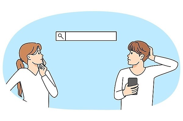 EPS 해외이미지 여자 남자 일러스트 돋보기 상반신 성인 두명 스마트폰 검색 고민 검색창 성인만 해외202309 해외일러스트 감정 사람 핸드폰 스마트기기 파일형식 벡터