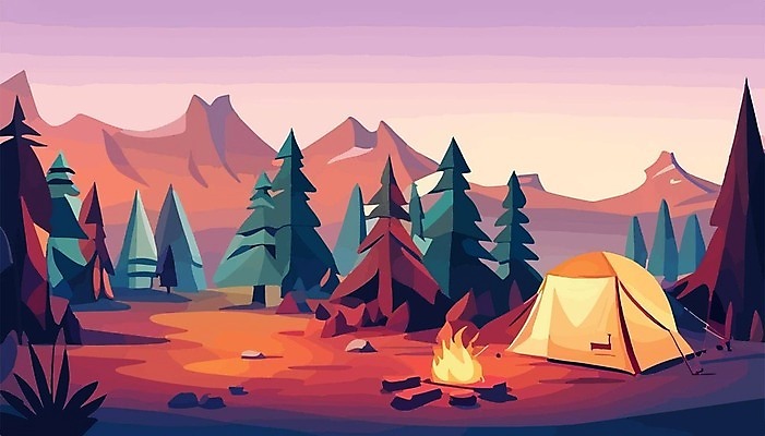 EPS 해외이미지 나무 여행 일러스트 산 텐트 사람없음 캠핑 모닥불 캠핑장 해외202309 해외일러스트 식물 불 레저 캠핑도구 파일형식 벡터