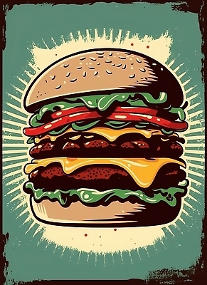 JPG 해외이미지 포스터 일러스트 패스트푸드 사람없음 햄버거 빈티지 큼 복고 썬버스트 해외202309 해외일러스트 디자인 컨셉 인스턴트 크기 파일형식