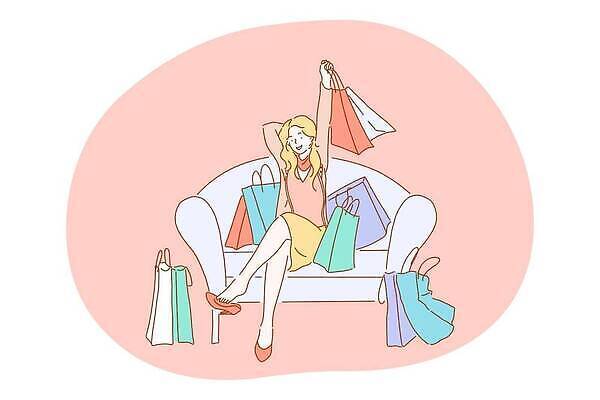 EPS 해외이미지 무료이미지 캐릭터 여자 가방 일러스트 한명 들기 앉기 쇼핑 쇼핑백 잡기 쇼퍼홀릭 해외202309 해외일러스트 1 잡화 모션 사람 파일형식 벡터 무료콘텐츠