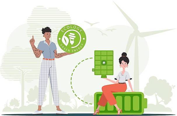 EPS 해외이미지 전신 여자 남자 잎 일러스트 서기 들기 앉기 손짓 성인 두명 초록색 원형 그린에너지 건전지 심볼 에코 친환경 집열판 성인만 해외202309 해외일러스트 도형 식물 컬러 모션 사람 환경 에너지 태양에너지 파일형식 벡터