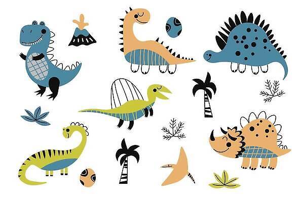 EPS 해외이미지 잎 일러스트 사람없음 초록색 파란색 야자수 귀여움 주황색 공룡 화산 공룡캐릭터 공룡알 해외202309 해외일러스트 일러캐릭터 나무 식물 캐릭터 컬러 컨셉 파충류 산 알 파일형식 벡터