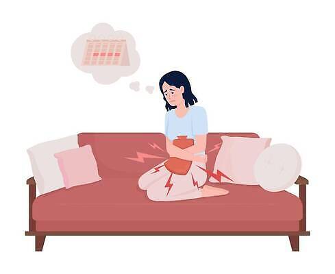 EPS 해외이미지 여자 쿠션 일러스트 건강 한명 성인 소파 달력 생리 생리통 핫팩 성인여자한명만 해외202309 해외일러스트 1 의자 사람 고통 생리현상 손난로 여자한명만 성인여자만 파일형식 벡터