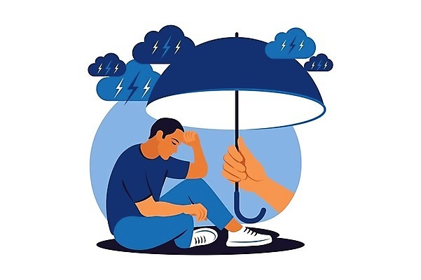 EPS 해외이미지 전신 손 남자 일러스트 우산 스트레스 한명 들기 앉기 성인 신체부위 파란색 알약 도움 좌절 번개 먹구름 두통 우울감 우울증 성인남자한명만 심리치료 해외202309 해외일러스트 1 감정 컬러 컨셉 모션 날씨 사람 치료 약 질병 심리 남자한명만 성인남자만 파일형식 벡터 구름_자연