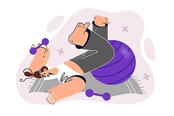 EPS 해외이미지 여자 일러스트 건강 피곤 한명 들기 성인 운동복 아령 매트 짐볼 과부하 넘어짐 성인여자한명만 쓰러짐 해외202309 해외일러스트 1 옷 컨셉 모션 사람 여자한명만 성인여자만 파일형식 벡터