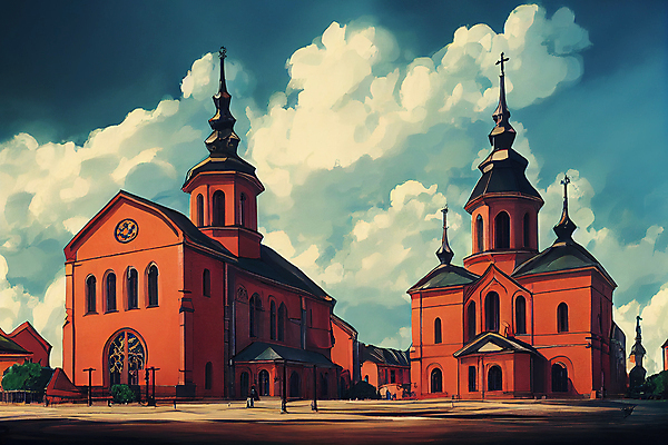 JPG 해외이미지 일러스트 하늘 추상 사람없음 교회 카툰스타일 라트비아 해외202309 해외일러스트 무늬 종교건축 북유럽 건물 파일형식