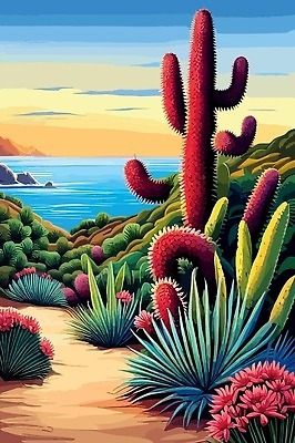 EPS 해외이미지 꽃 바다 일러스트 선인장 사람없음 노을 사막 해외202309 해외일러스트 자연요소 식물 파일형식 벡터