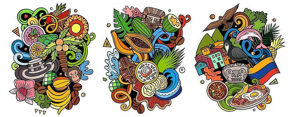 EPS 해외이미지 클립아트 디자인 배너 문화 커피 음식 여행 과일 일러스트 휴가 열대 풍경 야외 세트 컬러풀 탐험 남아메리카 역사 원주민 낙서 그래피티 콜롬비아 열대우림 라틴아메리카 만화 수집 오브젝트 보따리 시력 부족 고립 구성 랜드마크 전국 해외202309 해외일러스트 음료 컬러 컨셉 아메리카 아프리카인 숲 그림 파일형식 벡터