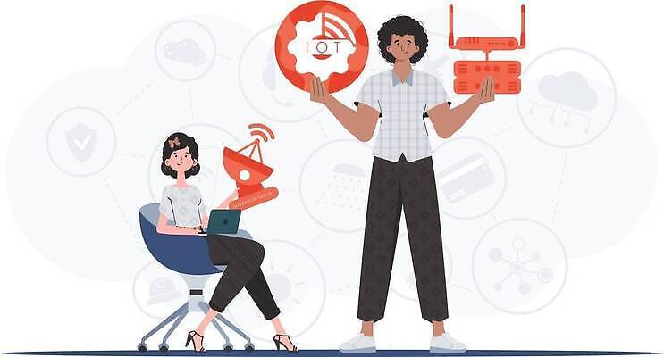 EPS 해외이미지 전신 여자 남자 의자 일러스트 협력 안테나 들기 앉기 성인 두명 노트북 원형 톱니바퀴 와이파이 사물인터넷 성인만 해외202309 해외일러스트 도형 가구 통신 모션 정보기술 사람 전자제품 무선인터넷 파일형식 벡터