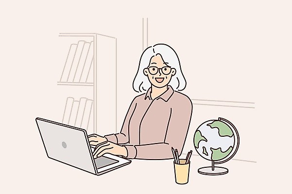 EPS 해외이미지 여자 노년 일러스트 책장 한명 상반신 책 노트북 펜 지구본 연필꽂이 노인여자한명만 해외일러스트 1 가구 문구용품 사람 성인 전자제품 필기구 여자한명만 노인여자만 파일형식 벡터