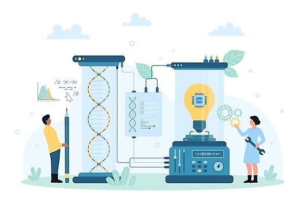 EPS 해외이미지 전신 여자 남자 일러스트 미래 들기 성인 두명 연필 과학기술 스패너 DNA 전구모양 성인만 해외202309 해외일러스트 모양 컨셉 전구 모션 학용품 기술 사람 필기구 공구 생명공학 파일형식 벡터
