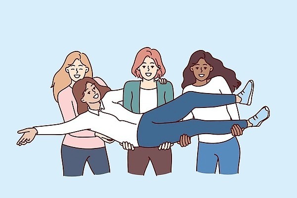 EPS 해외이미지 전신 여자 포즈 일러스트 함께함 서기 웃음 여러명 상반신 성인 친구 우정 그룹 대학교 다인종 다민족 성인여자만 들어올리기 해외202309 해외일러스트 다수 컨셉 학교 관계 모션 표정 사람 인종 여자만 성인만 파일형식 벡터