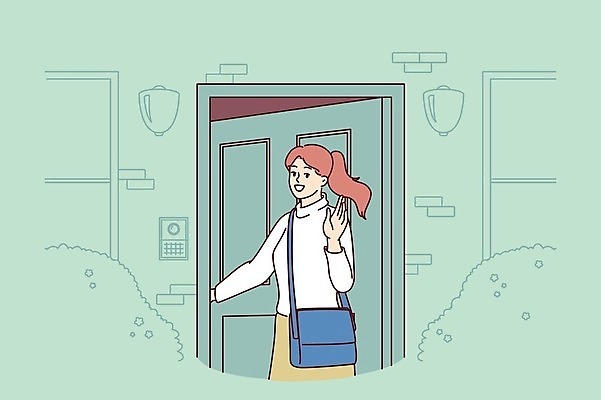 EPS 해외이미지 여자 일러스트 주택 한명 서기 상반신 성인 문 인사 오픈 손인사 성인여자한명만 해외202309 해외일러스트 1 모션 사람 건물 예절 여자한명만 성인여자만 파일형식 벡터