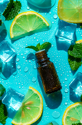 포토 JPG 해외이미지 하늘색 백그라운드 자연 사람없음 아웃포커스 뷰티 얼음 신선 오일 수분 레몬 내추럴 해외202309 해외포토 자연요소 음식 과일 촬영기법 파란색 화장품 생태계 파일형식