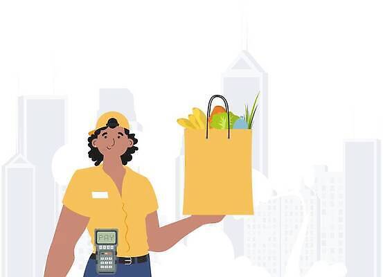 EPS 해외이미지 남자 유니폼 채소 일러스트 한명 들기 상반신 성인 쇼핑백 배송 택배 성인남자한명만 해외202309 해외일러스트 1 옷 가방 모션 사람 운송업 남자한명만 성인남자만 파일형식 벡터