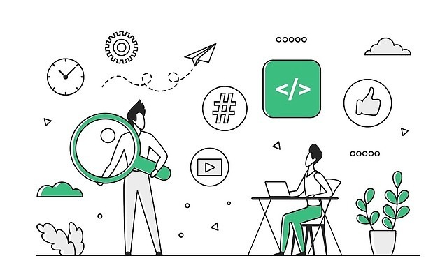 EPS 해외이미지 전신 식물 남자 화분 일러스트 비즈니스 탁자 돋보기 들기 앉기 성인 두명 초록색 종이비행기 따봉 성인남자만 해시태그 유튜브 해외202309 해외일러스트 컬러 가구 모션 사람 최고 종이접기 특수문자 남자만 성인만 파일형식 벡터