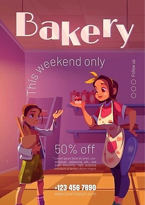 EPS 해외이미지 배너 여자 포스터 어린이 일러스트 들기 성인 두명 종이봉투 세일 앞치마 빵집 바게트 컵케이크 주기 진열장 제빵사 여자만 해외202309 해외일러스트 직업 빵 모션 봉투 사람 케이크 상점 파일형식 벡터