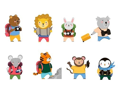 EPS 해외이미지 무료이미지 동물캐릭터 여행 가방 일러스트 배낭 곰 들기 사람없음 여행객 카메라 망원경 원숭이 토끼 호랑이 쥐 사자 펭귄 코알라 해외202309 해외일러스트 동물 캐릭터 잡화 포유류 모션 조류 사람 전자제품 반려동물 설치류 파일형식 벡터