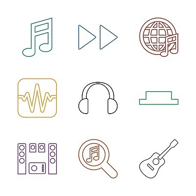 EPS 해외이미지 음향기기 음표 일러스트 돋보기 사람없음 컬러풀 헤드셋 소리 기타 심볼 사운드웨이브 해외202309 해외일러스트 기호 음악 컬러 현악기 전자제품 헤드폰 파일형식 벡터
