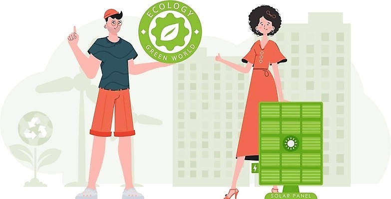 EPS 해외이미지 전신 여자 남자 잎 일러스트 들기 성인 두명 초록색 원형 그린에너지 심볼 에코 친환경 성인만 해외202309 해외일러스트 도형 식물 컬러 모션 사람 환경 에너지 파일형식 벡터