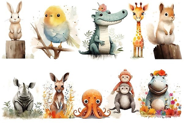 EPS 해외이미지 꽃 일러스트 조류 사람없음 귀여움 나뭇가지 원숭이 토끼 풀잎 기린 번짐 악어 문어 하마 캥거루 코뿔소 청설모 해외202309 해외일러스트 나무 식물 동물 컨셉 잎 포유류 파충류 연체동물 반려동물 수중동물 풀_식물 파일형식 벡터 효과