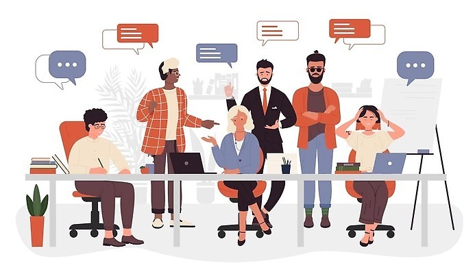 EPS 해외이미지 전신 여자 남자 말풍선 의자 일러스트 회의 협력 앉기 여러명 성인 팔짱 가리킴 업무 비즈니스맨 비즈니스우먼 성인만 해외202309 해외일러스트 가구 다수 비즈니스 모션 사람 손짓 작업 직장인 파일형식 벡터