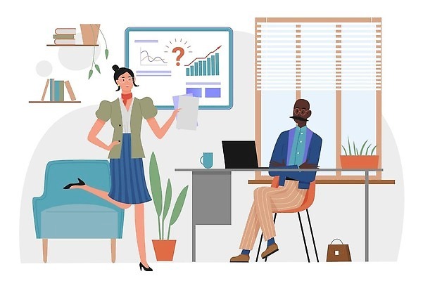 EPS 해외이미지 전신 여자 남자 흑인 의자 일러스트 들기 앉기 성인 두명 노트북 사무실 업무 비즈니스맨 비즈니스우먼 성인만 해외202309 해외일러스트 서양인 가구 비즈니스 모션 사람 전자제품 작업 직장인 파일형식 벡터