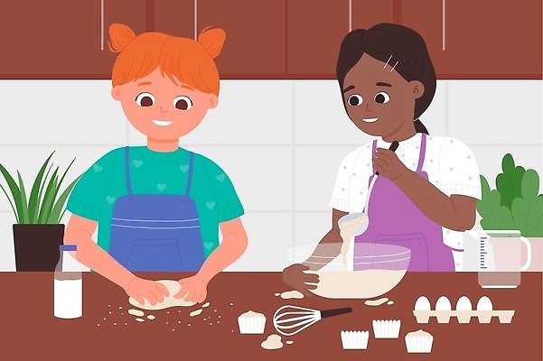 EPS 해외이미지 여자 어린이라이프 어린이 일러스트 디저트 요리 두명 제빵 소녀만 해외202309 해외일러스트 라이프스타일 음식 사람 제과제빵 여자만 어린이만 파일형식 벡터