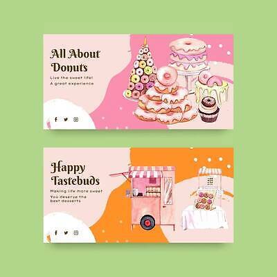 EPS 해외이미지 가로배너 분홍색 일러스트 파티 상점 주황색 도넛 컵케이크 해외202309 해외일러스트 배너 컬러 디저트 이벤트 가로 케이크 파일형식 벡터