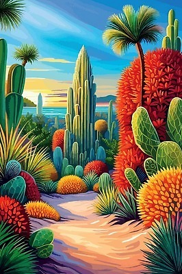 EPS 해외이미지 일러스트 선인장 사람없음 야자수 노을 사막 해외202309 해외일러스트 자연요소 나무 식물 파일형식 벡터