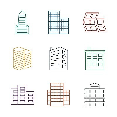 EPS 해외이미지 일러스트 빌딩 사람없음 컬러풀 고층빌딩 다양 심볼 해외202309 해외일러스트 컬러 다수 건물 파일형식 벡터