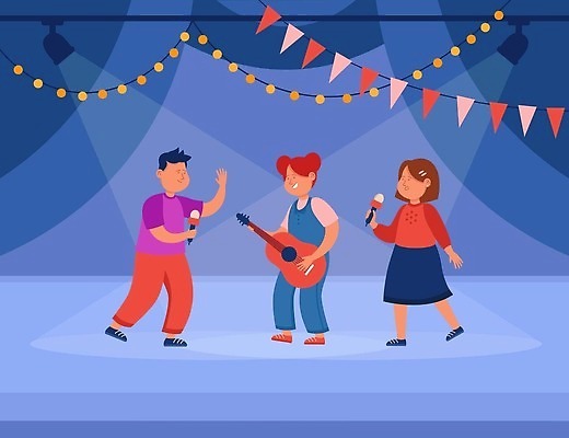 EPS 해외이미지 여자 남자 어린이 일러스트 들기 소년 세명 공연 무대 기타 마이크 가랜드 어린이만 해외202309 해외일러스트 음향기기 모션 현악기 사람 이벤트 파티용품 파일형식 벡터