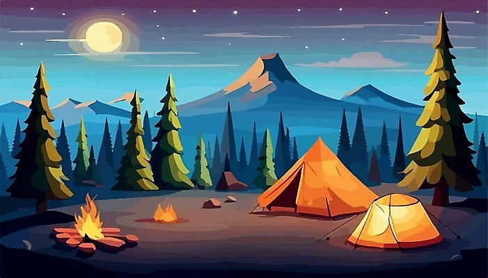 EPS 해외이미지 나무 여행 일러스트 산 텐트 사람없음 캠핑 모닥불 캠핑장 해외202309 해외일러스트 식물 불 레저 캠핑도구 파일형식 벡터