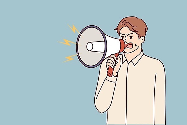 EPS 해외이미지 남자 일러스트 한명 들기 상반신 성인 확성기 외침 말_대화 비즈니스맨 알림 소통 성인남자한명만 해외202309 해외일러스트 1 컨셉 비즈니스 모션 대화 사람 소리 직장인 남자한명만 성인남자만 파일형식 벡터