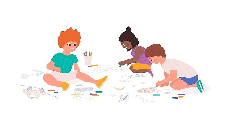 EPS 해외이미지 전신 여자 남자 어린이라이프 어린이 일러스트 소년 세명 그리기 분필 놀기 어린이만 해외202309 해외일러스트 라이프스타일 모션 사람 초크 파일형식 벡터