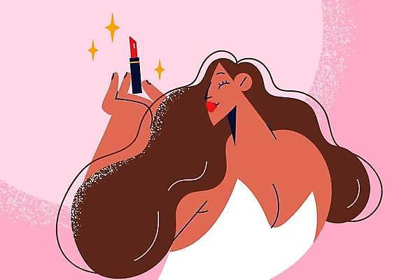 EPS 해외이미지 라이프스타일 여자 분홍색 일러스트 한명 들기 상반신 성인 반짝임 화장 뷰티 립스틱 성인여자한명만 해외202309 해외일러스트 1 컬러 모션 사람 생활 화장품 여자한명만 성인여자만 파일형식 벡터