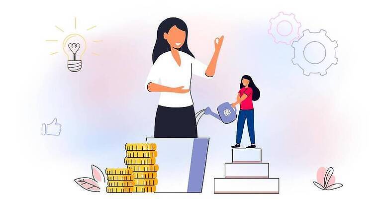 EPS 해외이미지 전신 여자 일러스트 전구 들기 상반신 성인 두명 금융 물뿌리개 성장 물주기 동전탑 성인여자만 멘토링 해외202309 해외일러스트 교육 모션 사람 경제 쌓기 동전 여자만 성인만 파일형식 벡터