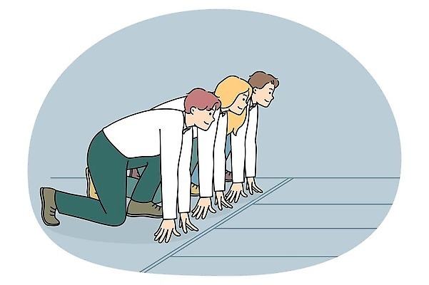 EPS 해외이미지 여자 남자 와이셔츠 일러스트 비즈니스 성인 세명 달리기 준비 성인만 해외202309 해외일러스트 셔츠 모션 사람 파일형식 벡터