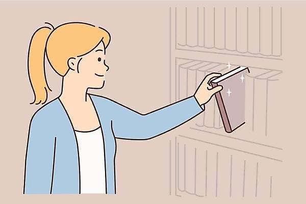 EPS 해외이미지 여자 행복 일러스트 책장 한명 상반신 성인 책 반짝임 선택 꺼내기 성인여자한명만 해외202309 해외일러스트 1 감정 가구 컨셉 모션 사람 여자한명만 성인여자만 파일형식 벡터