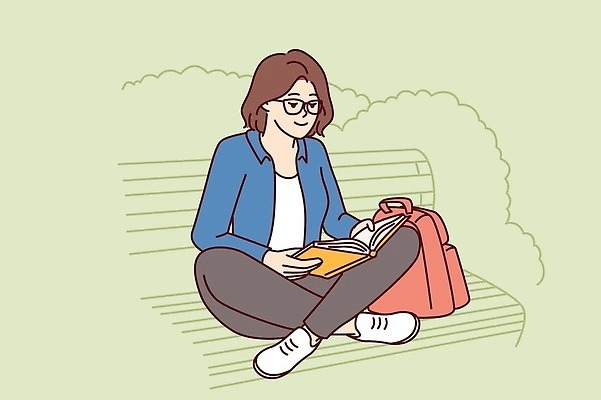 EPS 해외이미지 전신 학생 공원 여자 여유 벤치 일러스트 청소년 한명 앉기 10대 책 독서 읽기 십대여자한명만 안경낌 해외202309 해외일러스트 1 공공시설 감정 안경 의자 모션 사람 여자한명만 십대여자만 파일형식 벡터