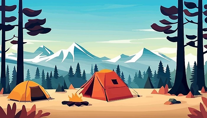 EPS 해외이미지 나무 여행 일러스트 산 텐트 사람없음 캠핑 모닥불 캠핑장 해외202309 해외일러스트 식물 불 레저 캠핑도구 파일형식 벡터