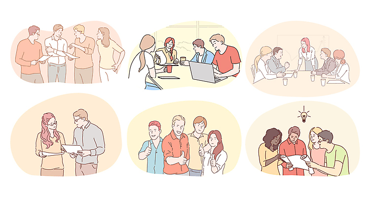 EPS 해외이미지 여자 남자 일러스트 비즈니스 전구 회의 들기 여러명 상반신 성인 노트북 책상 문서 따봉 성인만 해외202309 해외일러스트 가구 다수 모션 사람 전자제품 최고 파일형식 벡터