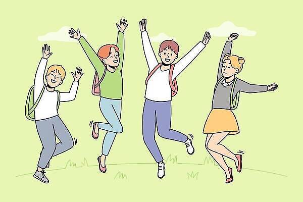 EPS 해외이미지 학생 여자 남자 행복 어린이 인물캐릭터 일러스트 함께함 소년 여러명 손들기 점프 만세 즐거움 긍정 어린이만 해외202309 해외일러스트 일러캐릭터 캐릭터 감정 다수 컨셉 모션 사람 파일형식 벡터