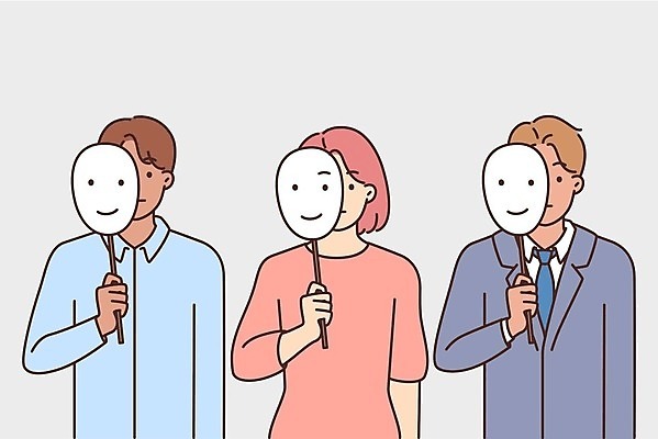 EPS 해외이미지 여자 남자 일러스트 가면 들기 정장 상반신 성인 세명 성인만 해외일러스트 옷 모션 사람 파일형식 벡터