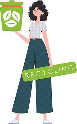 EPS 해외이미지 전신 여자 일러스트 한명 들기 성인 재활용 쓰레기통 보호 에코 친환경 성인여자한명만 해외202309 해외일러스트 1 컨셉 모션 사람 환경 여자한명만 성인여자만 파일형식 벡터