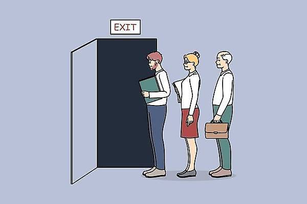 EPS 해외이미지 여자 남자 줄 와이셔츠 서류가방 일러스트 비즈니스 들기 성인 세명 기다림 문서 비상구 성인만 퇴사 해외202309 해외일러스트 셔츠 가방 모션 사람 파일형식 벡터