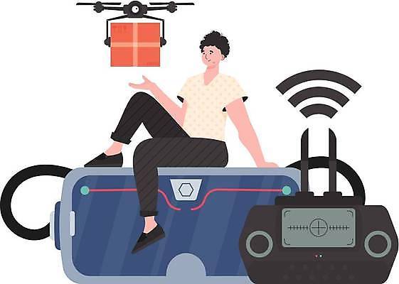 EPS 해외이미지 전신 남자 일러스트 미래 한명 앉기 손짓 성인 기계 화물 스마트 배송 택배상자 로봇산업 드론 조종장치 성인남자한명만 해외202309 해외일러스트 1 산업 컨셉 모션 사람 상자 장비 운송업 로봇 택배 남자한명만 성인남자만 파일형식 벡터